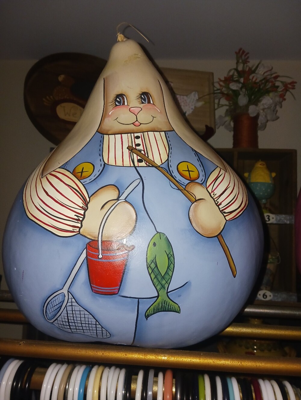 Large Hand-Painted Blue Rabbit Gourd Figurine